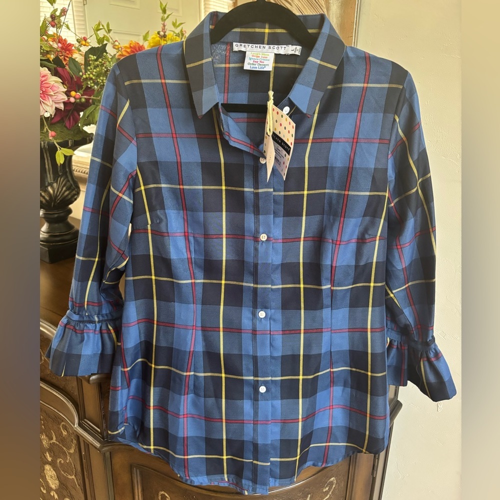 NWT Gretchen Scott Blue Yellow Black and Red Plaid Shirt -Size L